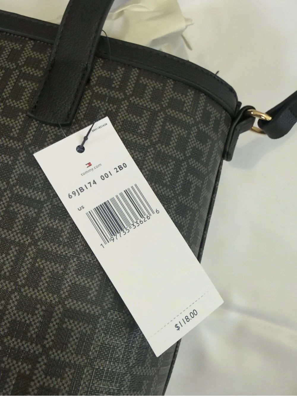 Tommy Hilfiger Black and Gray Monogram Tote with Center Stripe